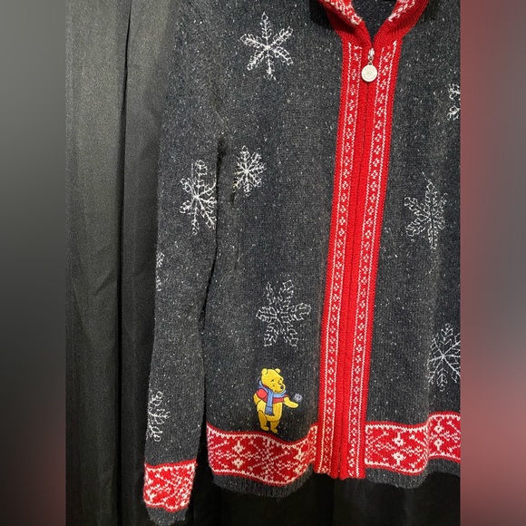 The Disney Store Women's L Winnie the Pooh Wool Zip Up Jacket Gray Red - Picture 2 of 5